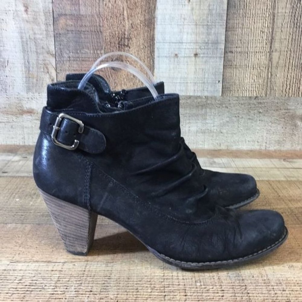 Paul Green Black Leather‎ Ankle Booties Womens 6.5 Ruched Buckle Heeled Boots